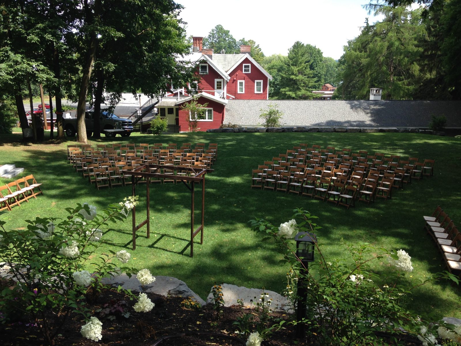 The Grove lined with chairs and ready for a wedding ceremony